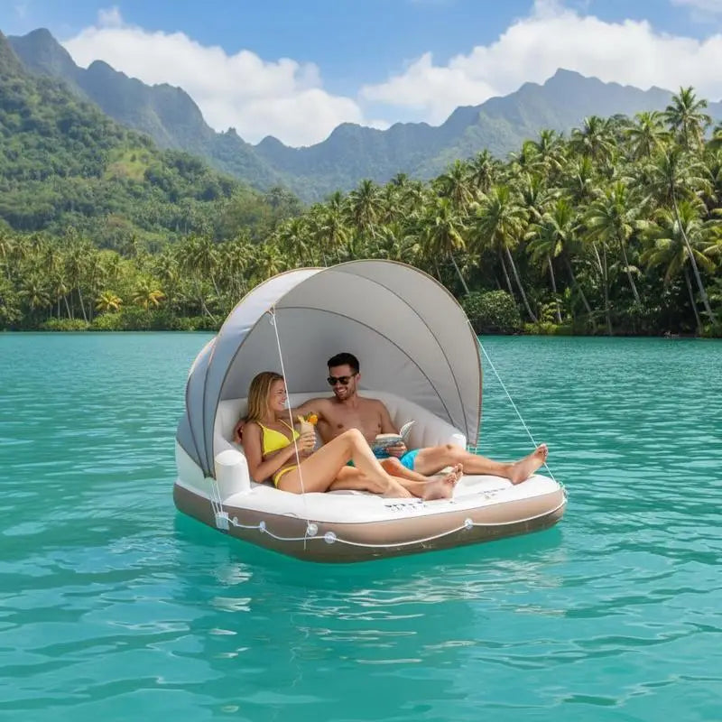 Plateforme flottante gonflable avec auvent solaire installée en piscine