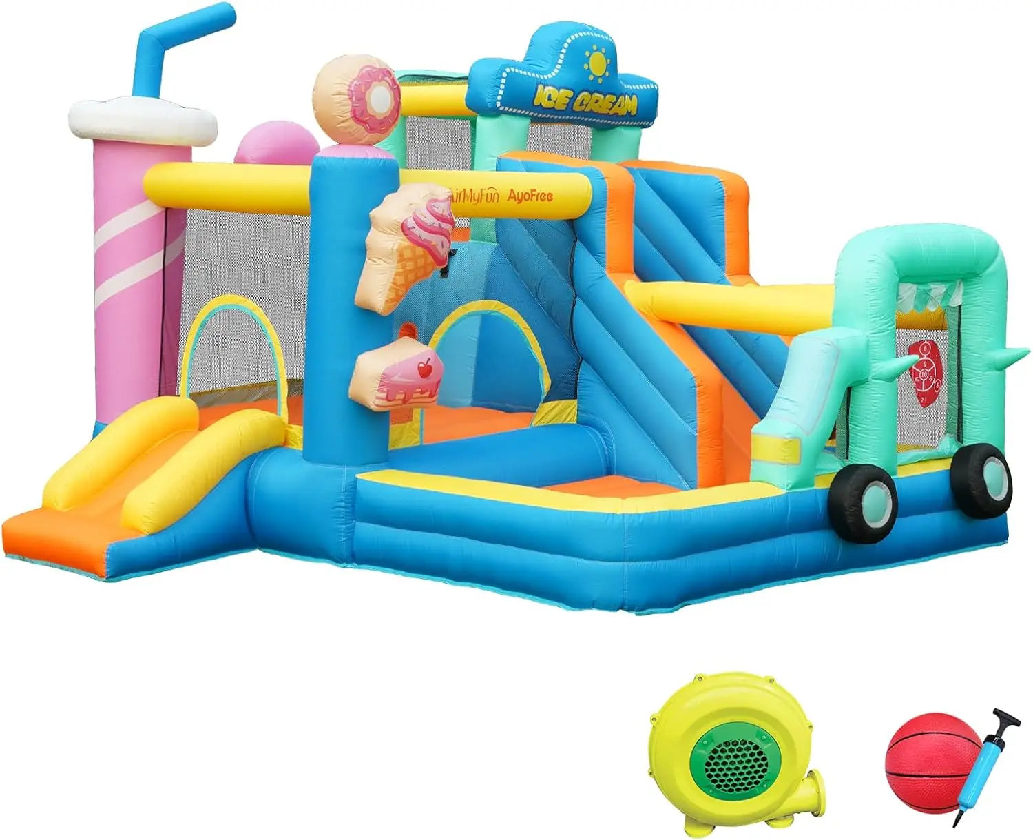 Château gonflable thème glace avec double toboggan pour enfants