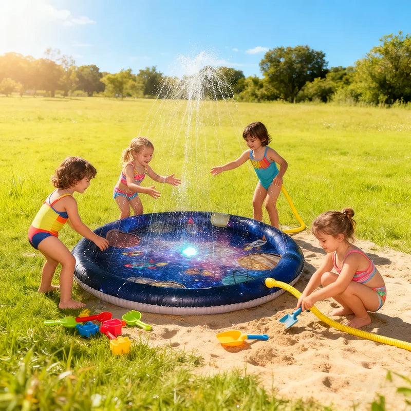 Enfant jouant dans la piscine gonflable avec jeux d'eau