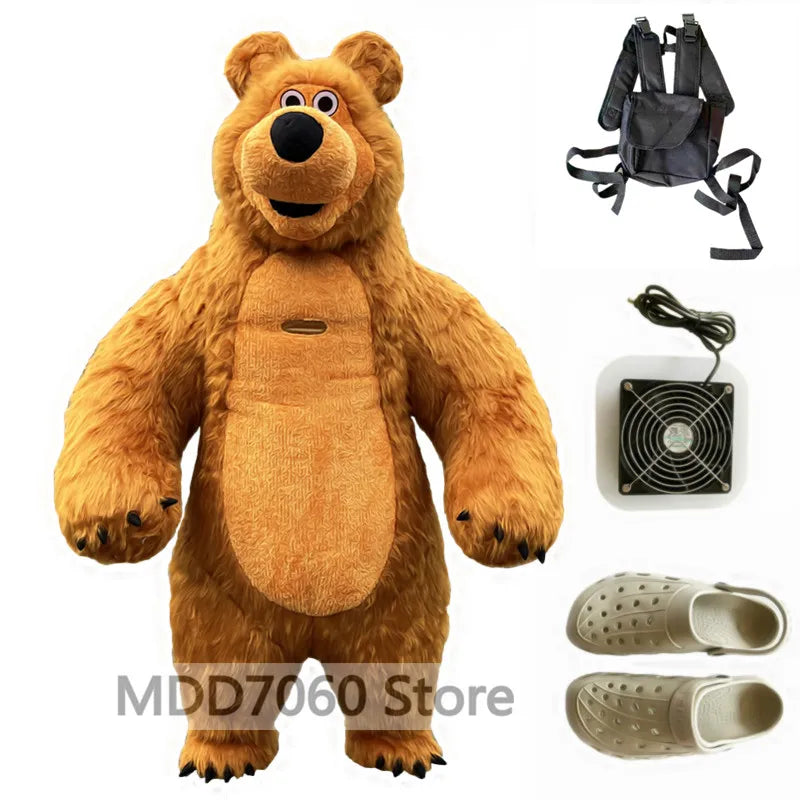 Costume gonflable mascotte animaux présenté avec ses accessoires