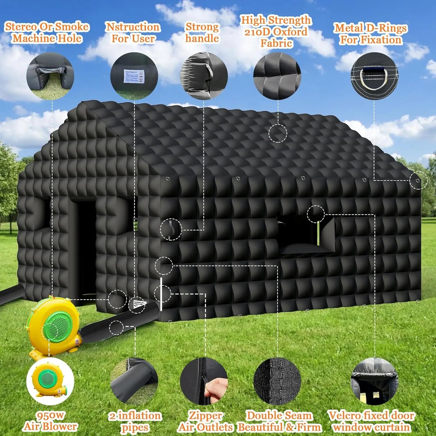 Discothèque gonflable noire installée en extérieur, vue détaillée