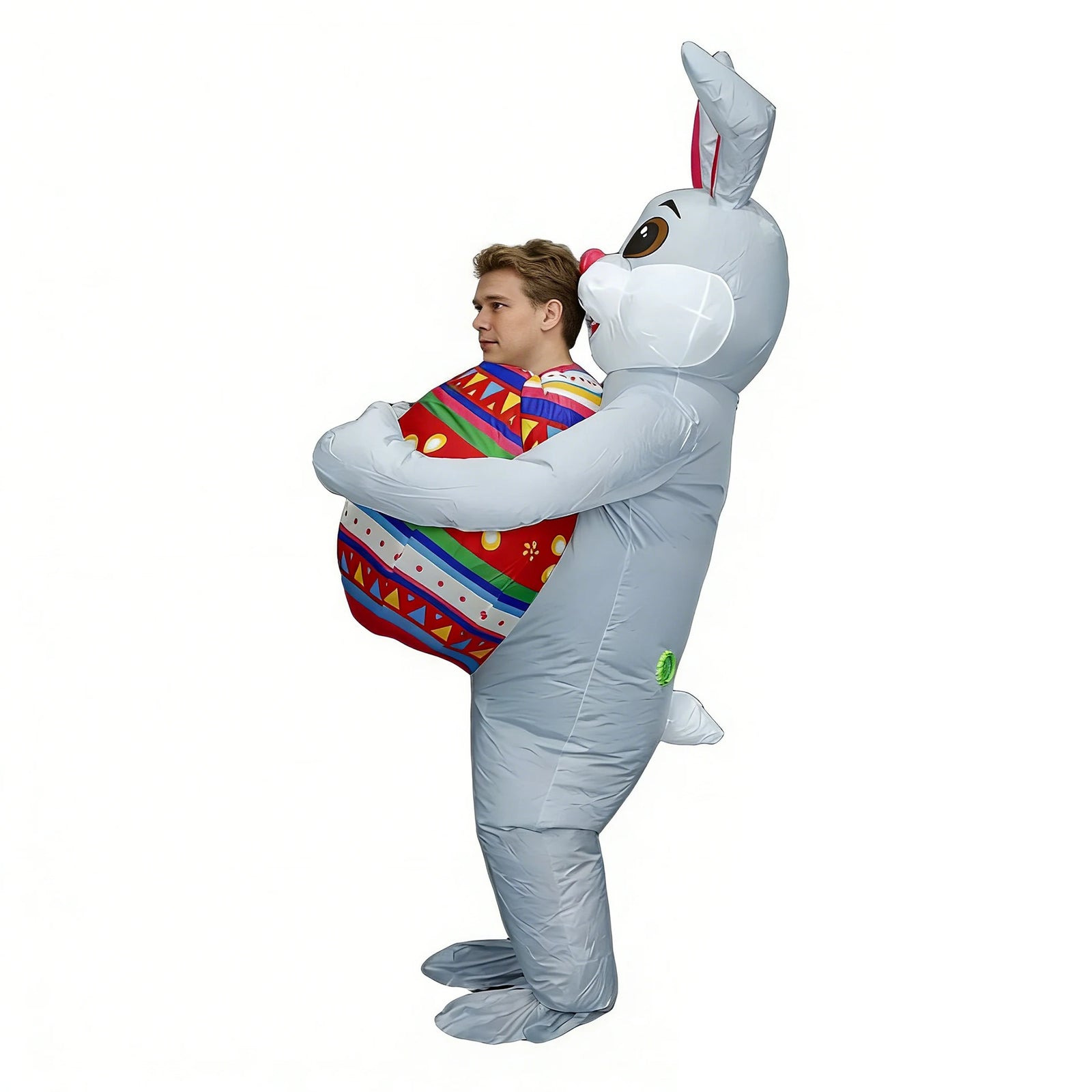Costume gonflable lapin tenant oeuf adulte gris vue de face