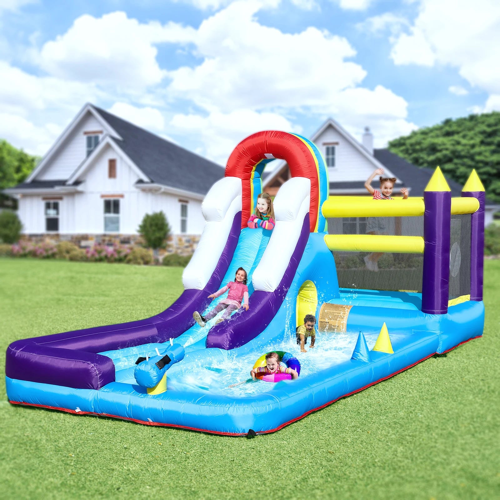 Toboggan gonflable arc-en-ciel avec trampoline et piscine enfants