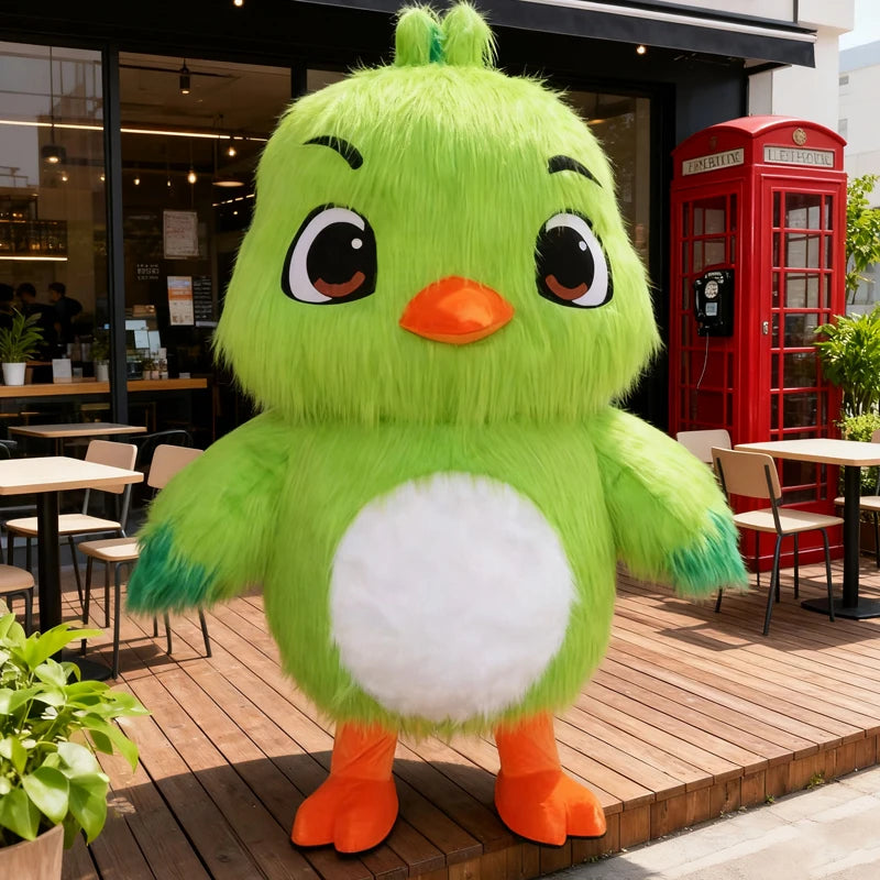 Costume gonflable oiseau vert, vue de face