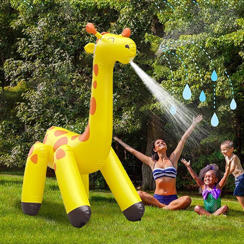 Décoration gonflable girafe installée au jardin