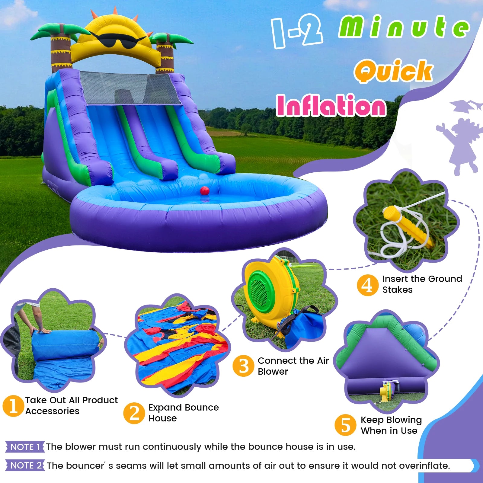 Enfant glissant sur le toboggan aquatique gonflable fleuri