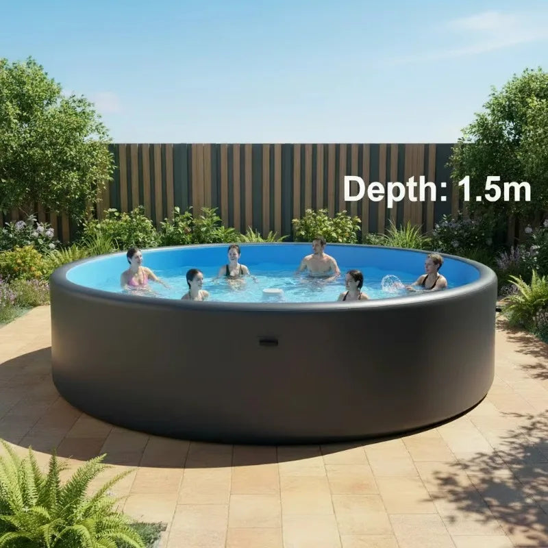 Piscine gonflable hors-sol de 5 m installée dans un jardin