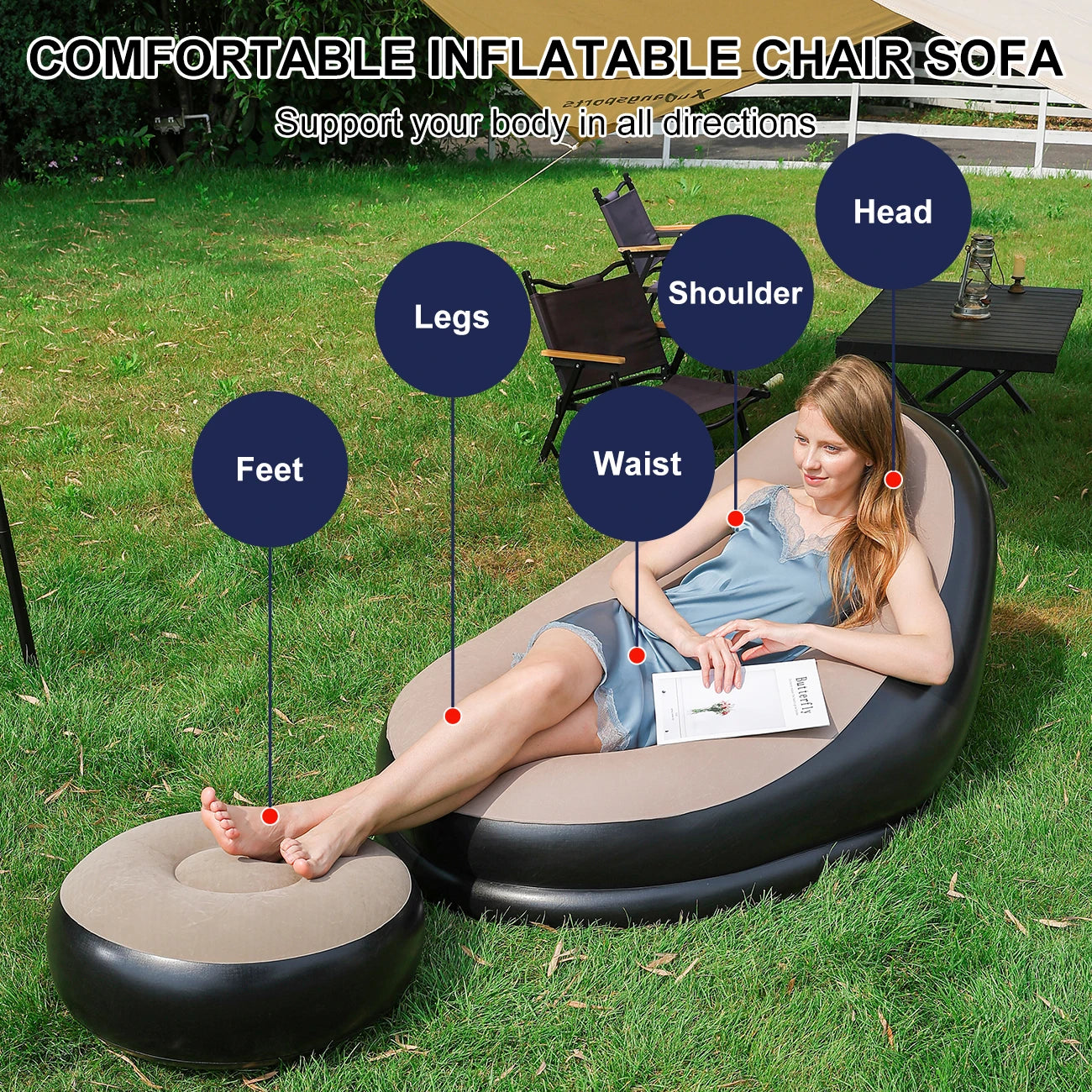 Canape gonflable rouge avec repose-pieds