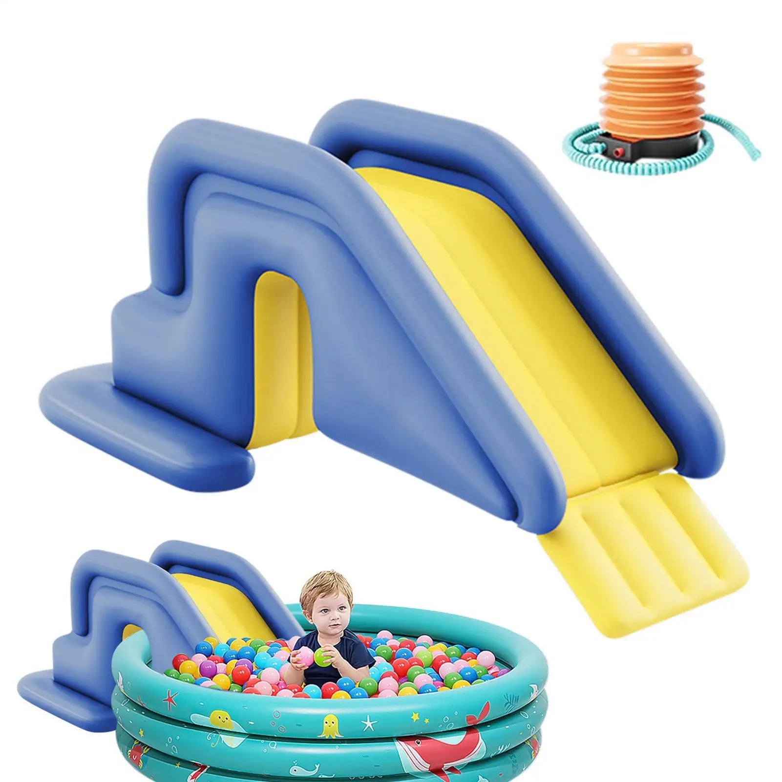 Toboggan aquatique gonflable jaune installé près d'une piscine