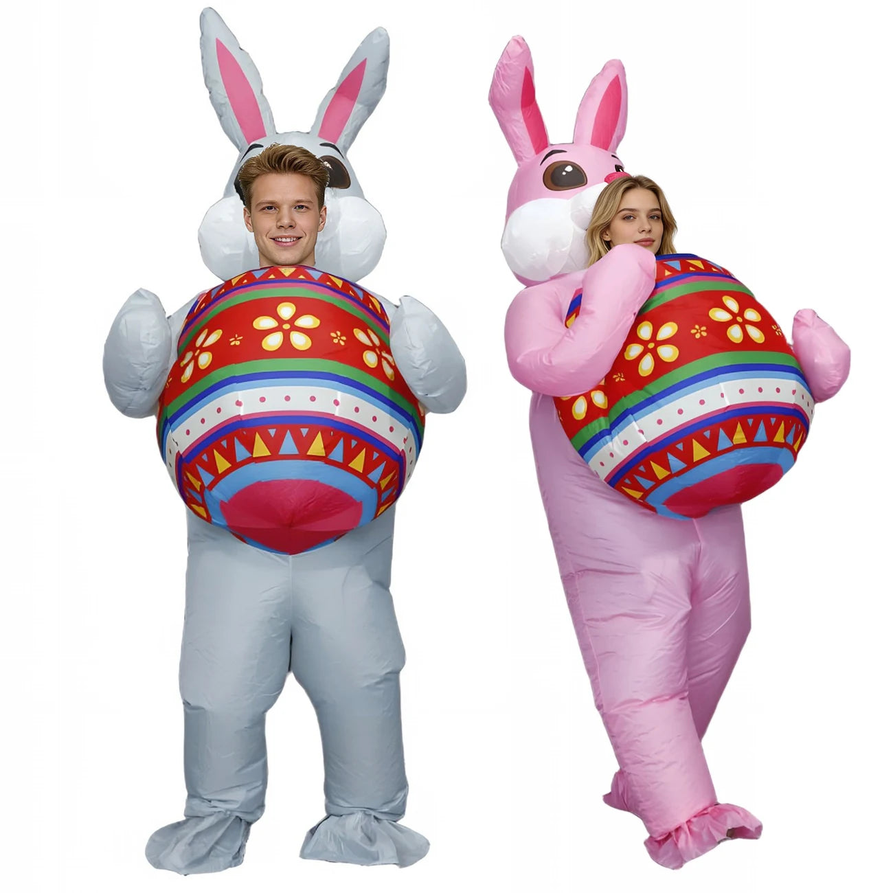 Costume gonflable lapin tenant oeuf adulte gris vue de face