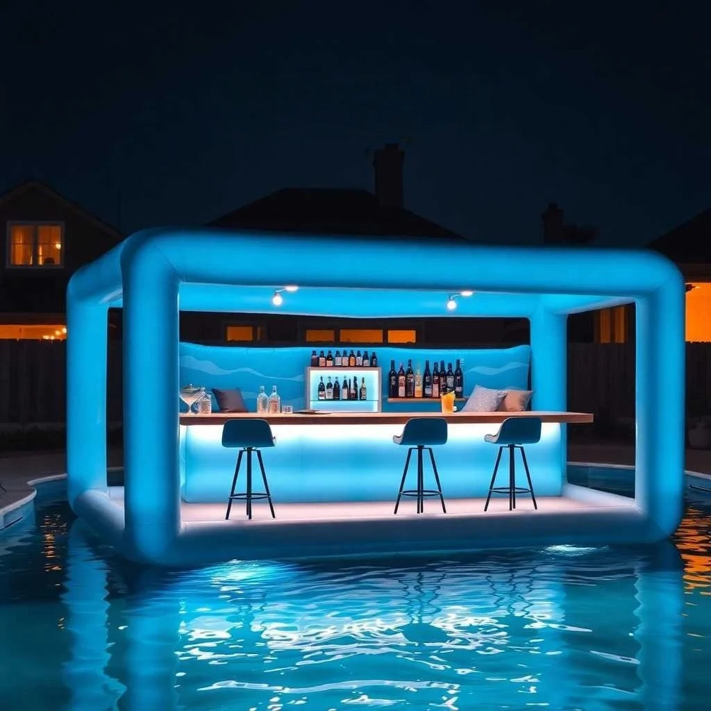 Bar gonflable piscine commercial installé dans un parc aquatique