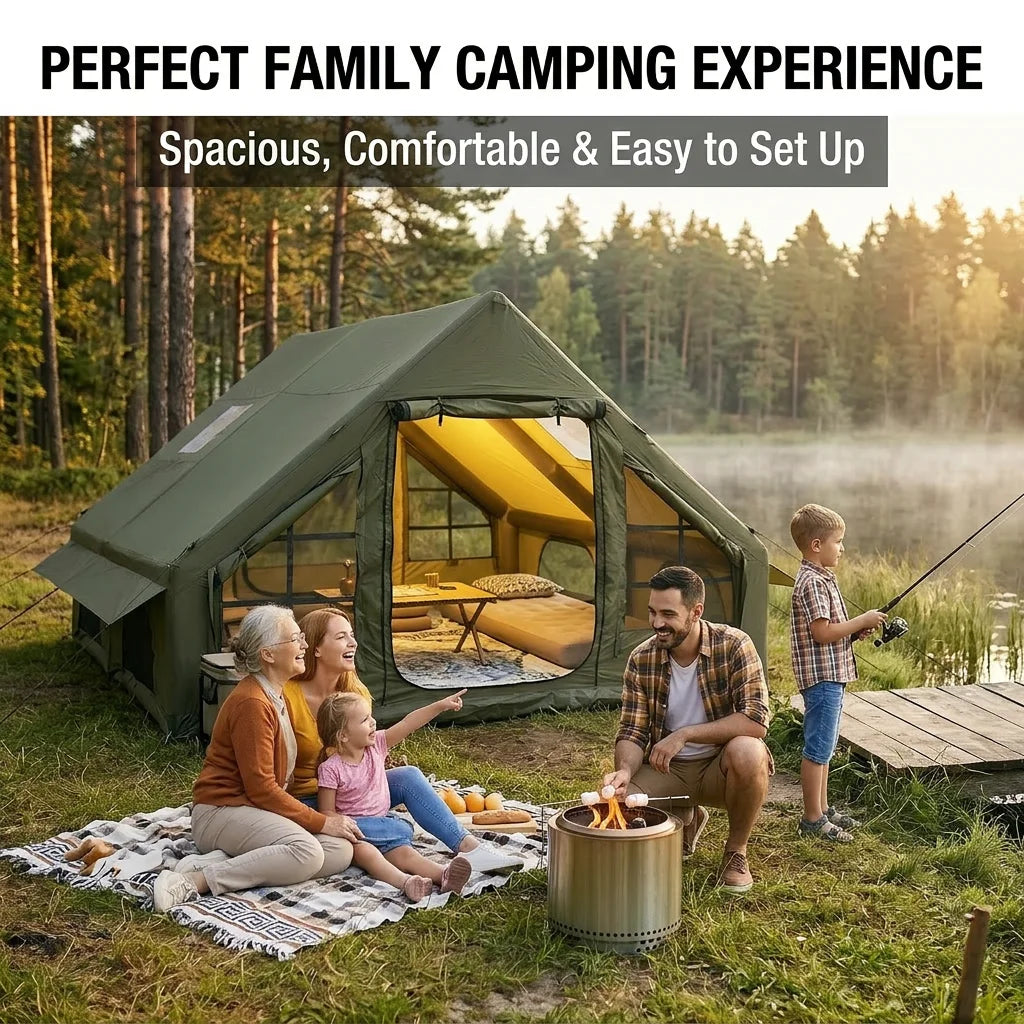 Tente gonflable grand espace installée en camping