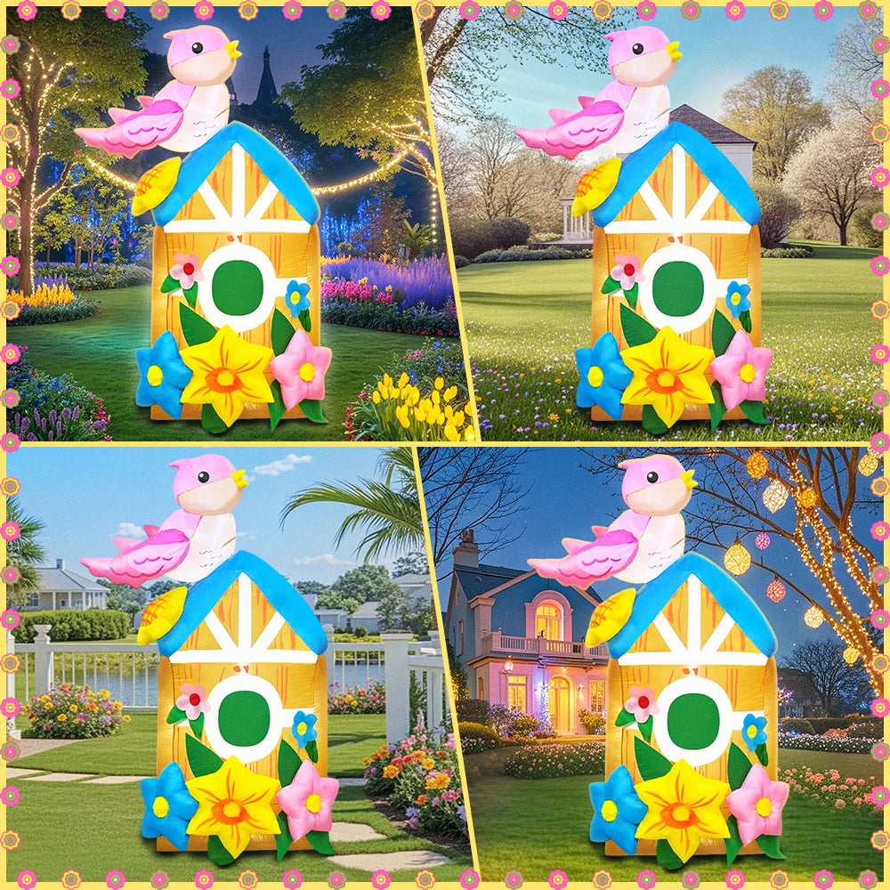 Décoration gonflable maison d'oiseaux avec lumières LED dans un jardin