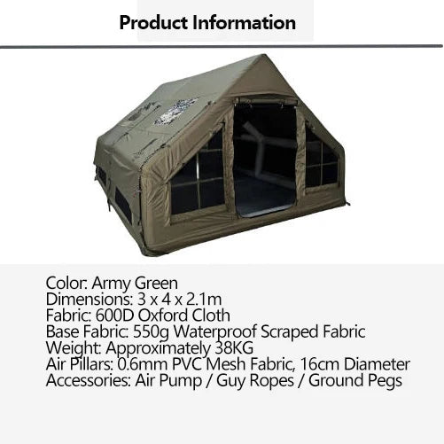 Tente gonflable vert armée installée en camping