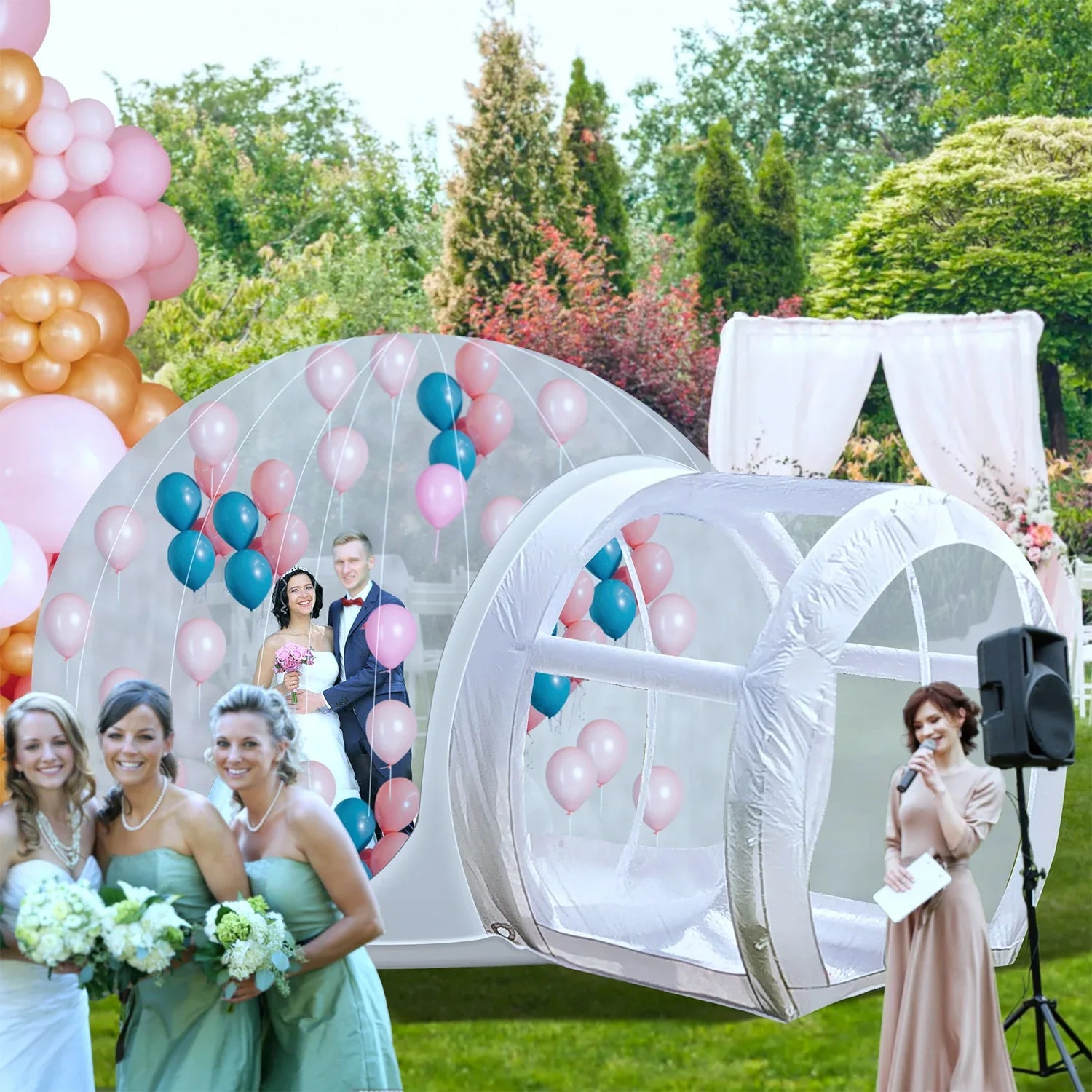 Bulle gonflable transparente installée en extérieur commercial