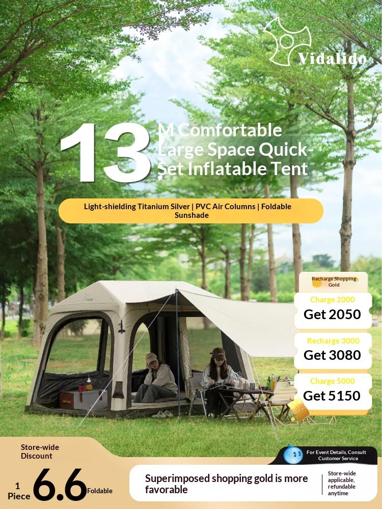 Tente gonflable chambre salon aluminium installée en camping