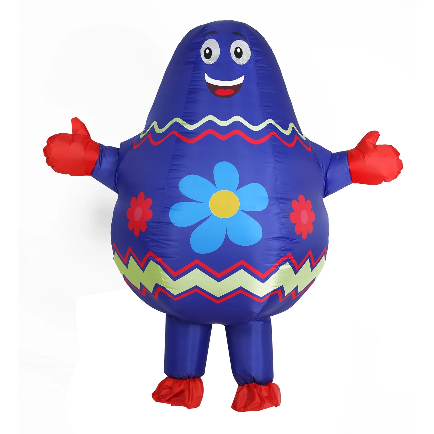 Personne portant costume gonflable oeuf Pâques animation