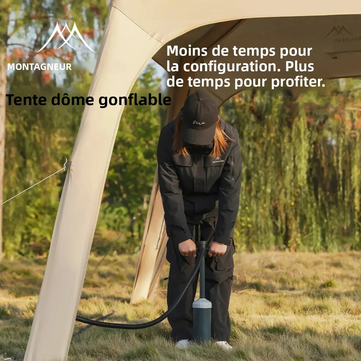 Tente gonflable dôme aluminium montée en camping