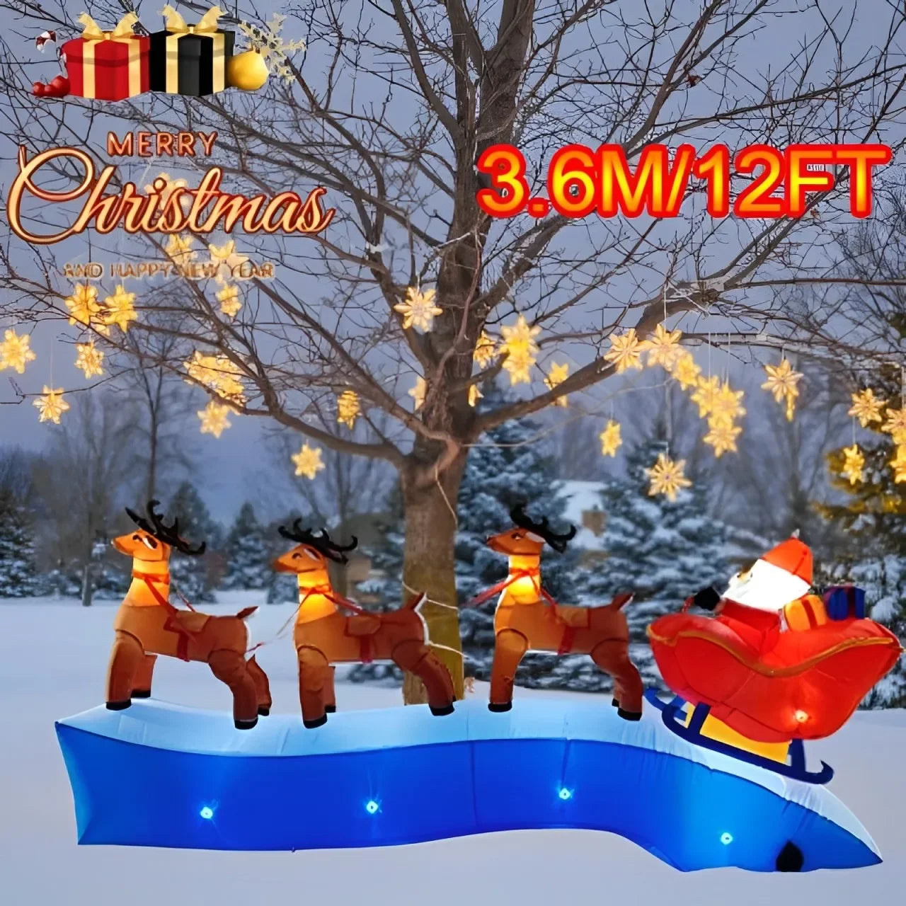 Décoration gonflable de Noël illuminée installée dans un jardin extérieur