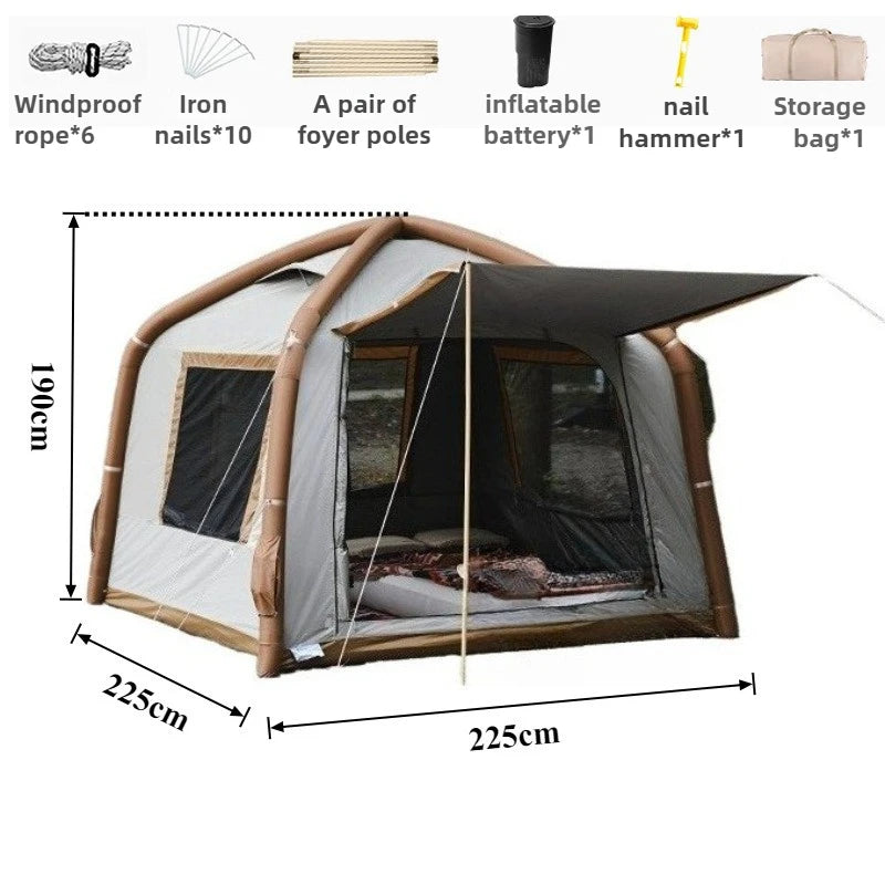 Tente gonflable automatique prête pour une nuit de camping en famille