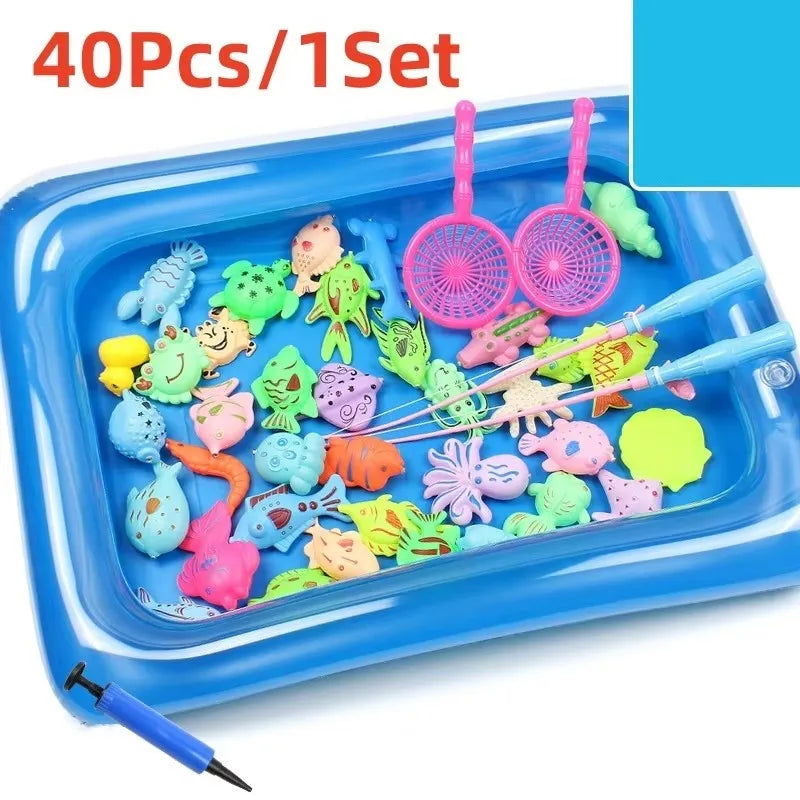Piscine gonflable installée pour le jeu de pêche en famille
