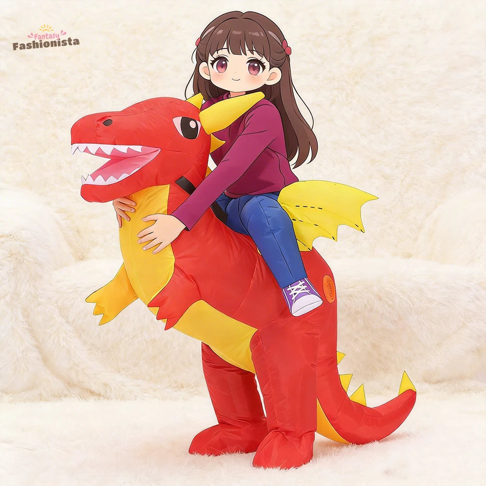 Costume gonflable dragon adulte rouge et jaune vue de face