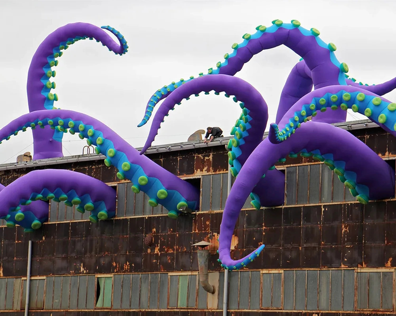 Décoration gonflable tentacule poulpe vue de nuit