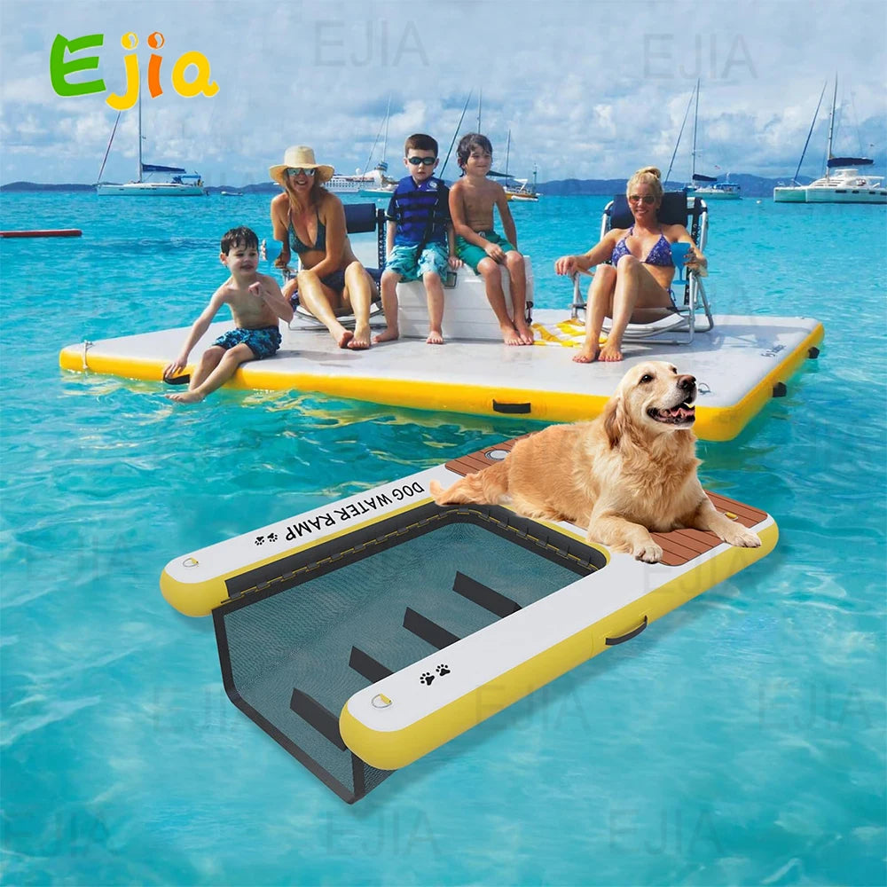 Chien utilisant rampe gonflable pour sortir d'une piscine