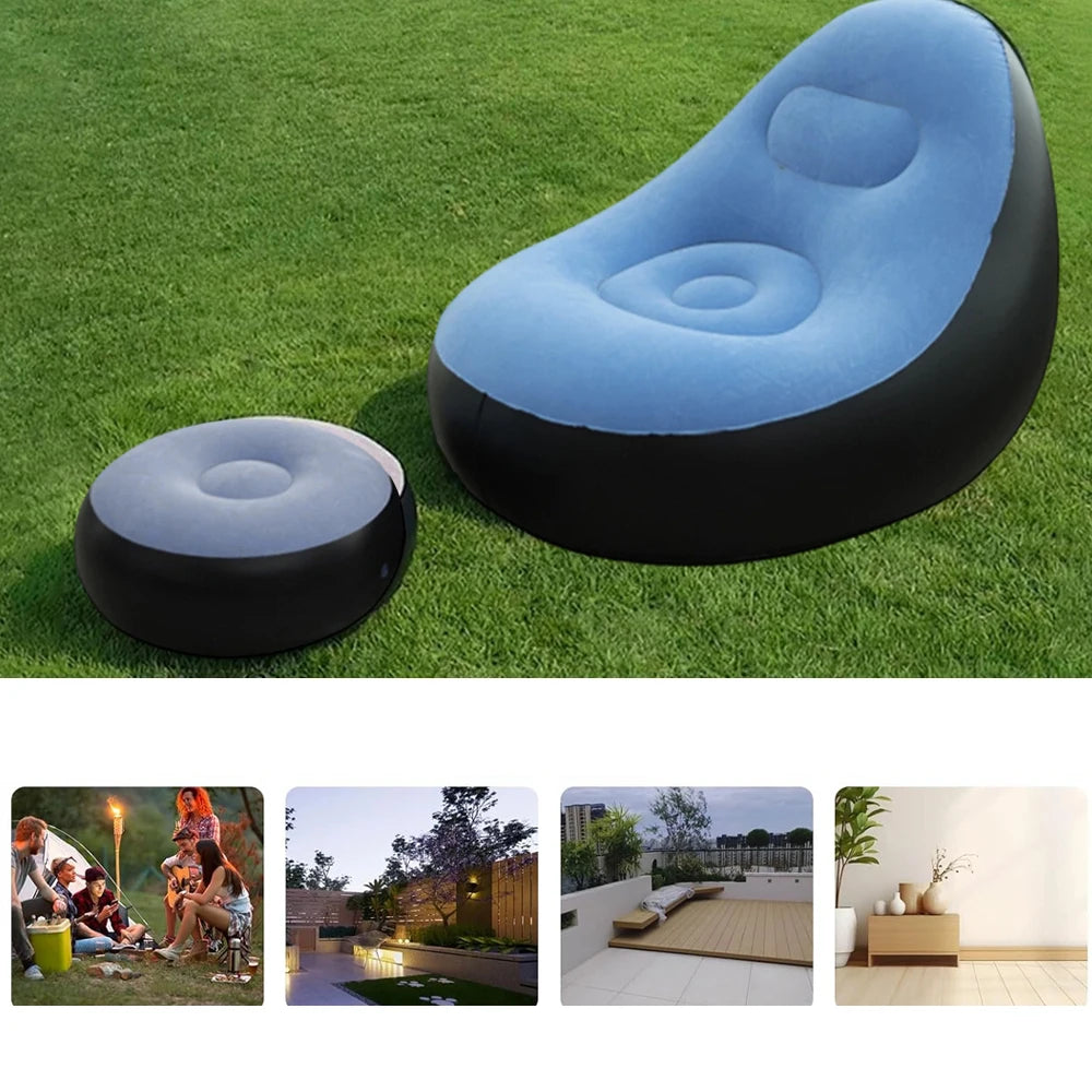 Canape gonflable bleu utilise au camping