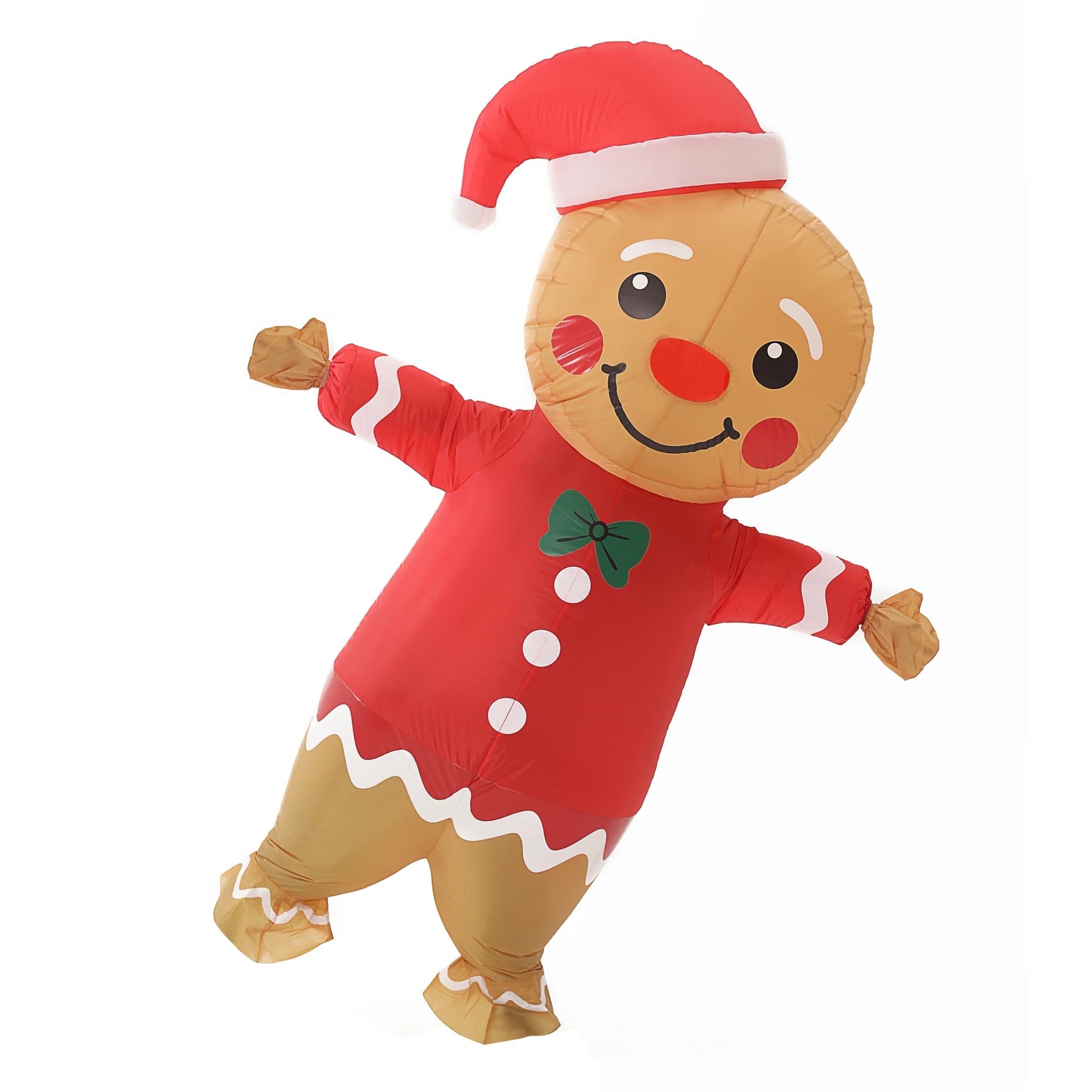 Adulte portant un costume gonflable bonhomme Noël