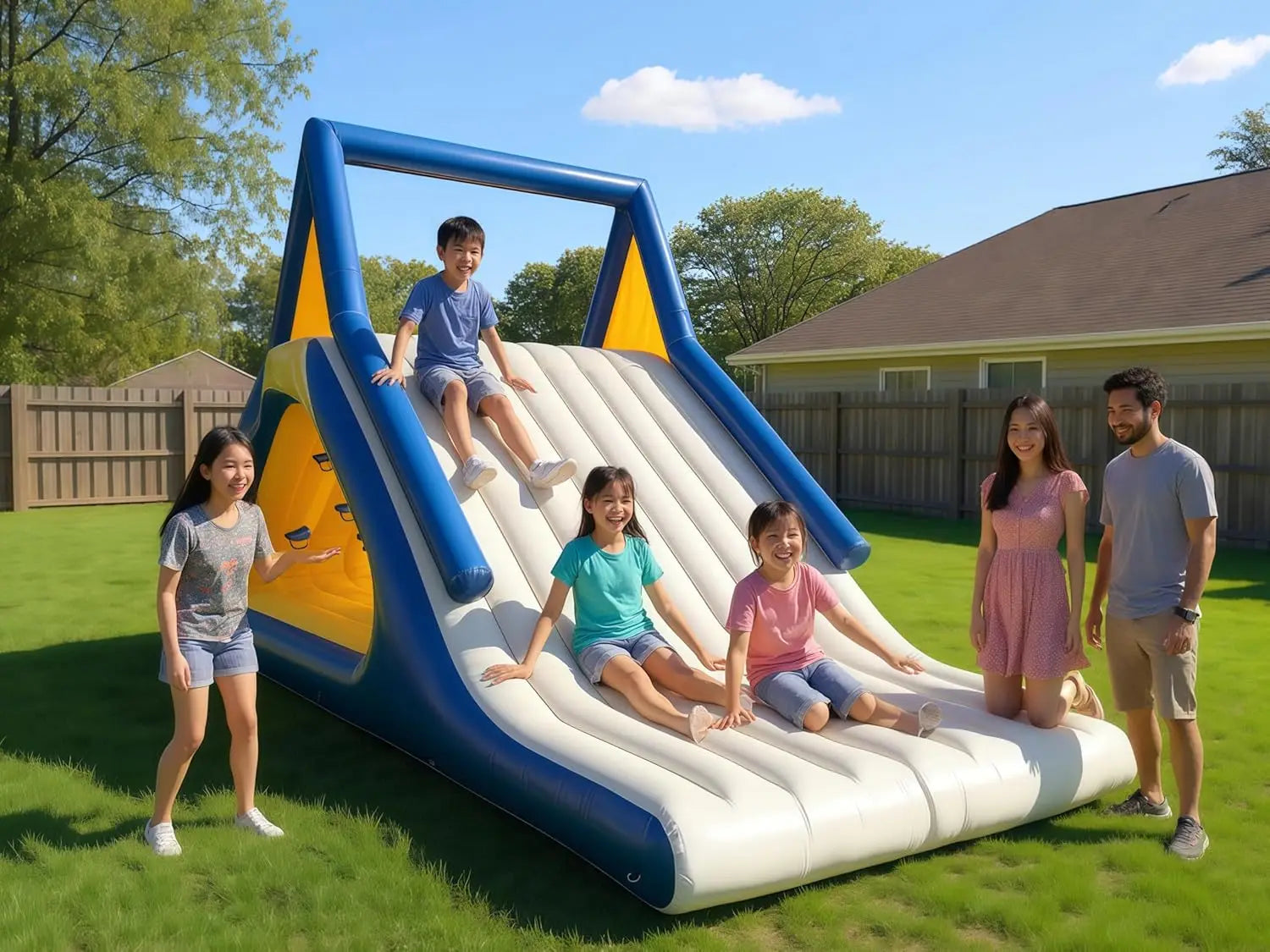 Enfants glissant sur le toboggan aquatique gonflable flottant