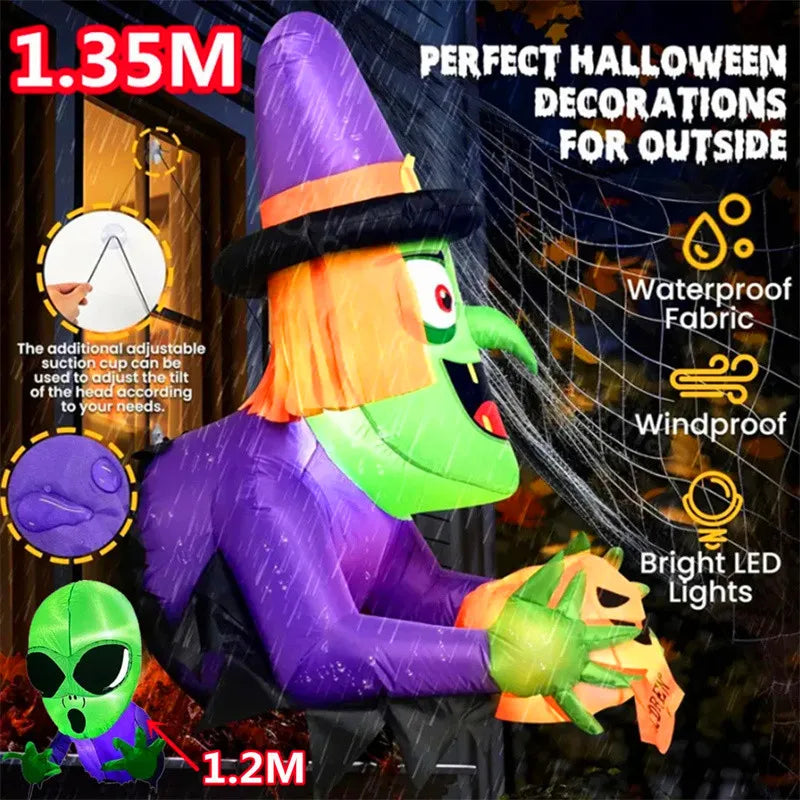 Décor Halloween gonflable lumineux sorcière extérieur 135 cm