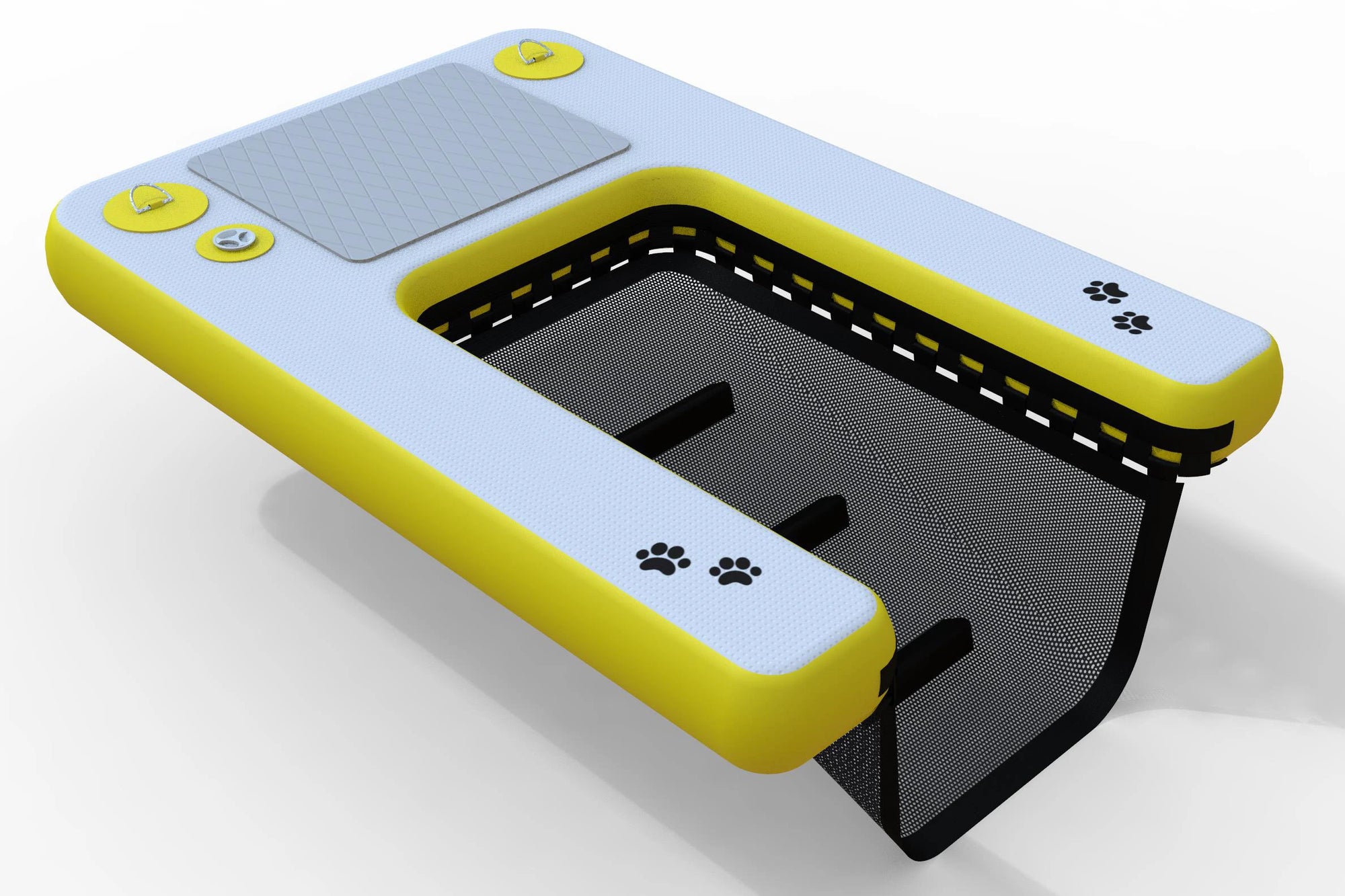 Plateforme flottante gonflable pour chien au bord de la piscine