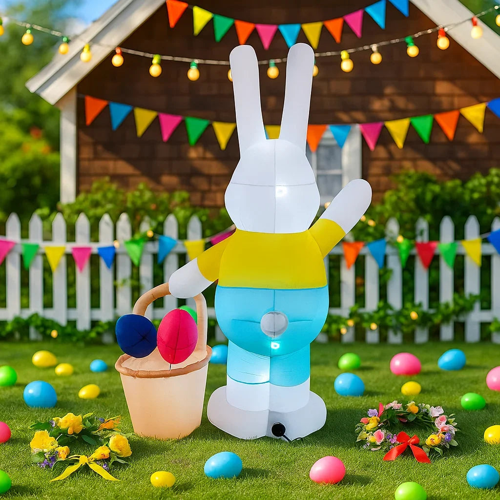 Lapin Pâques gonflable panier LED vue de face jardin