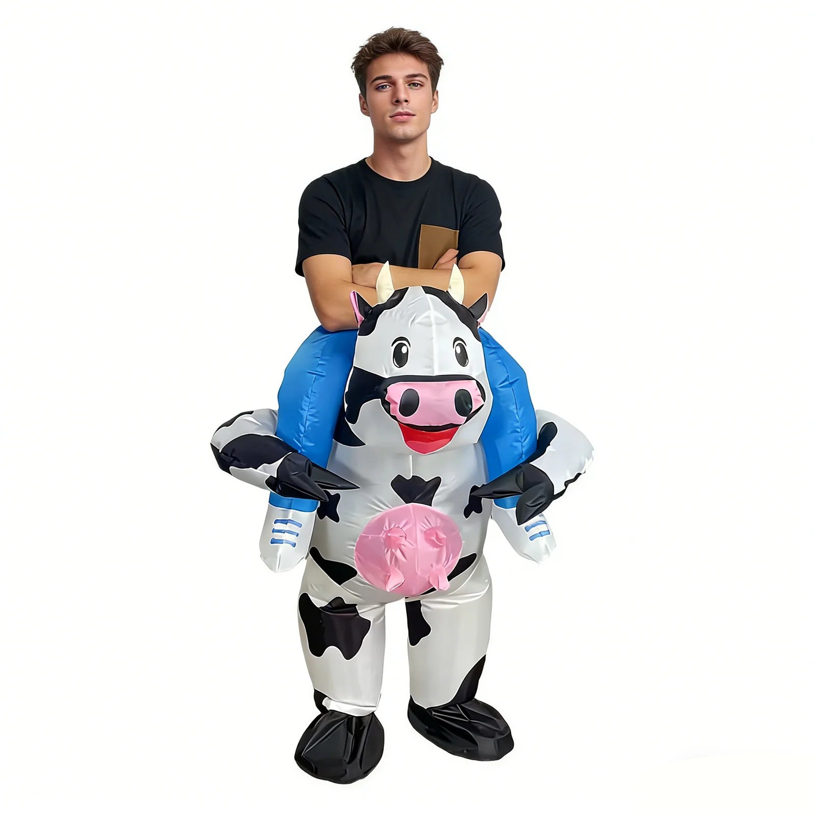 Costume gonflable vache à chevaucher porté par un adulte