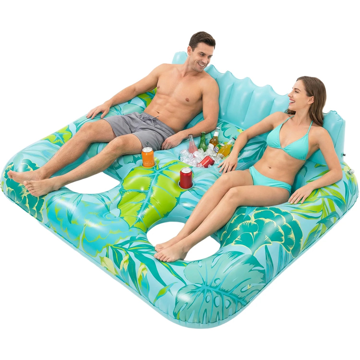 Canapé gonflable transat double cyan en piscine avec glacière intégrée