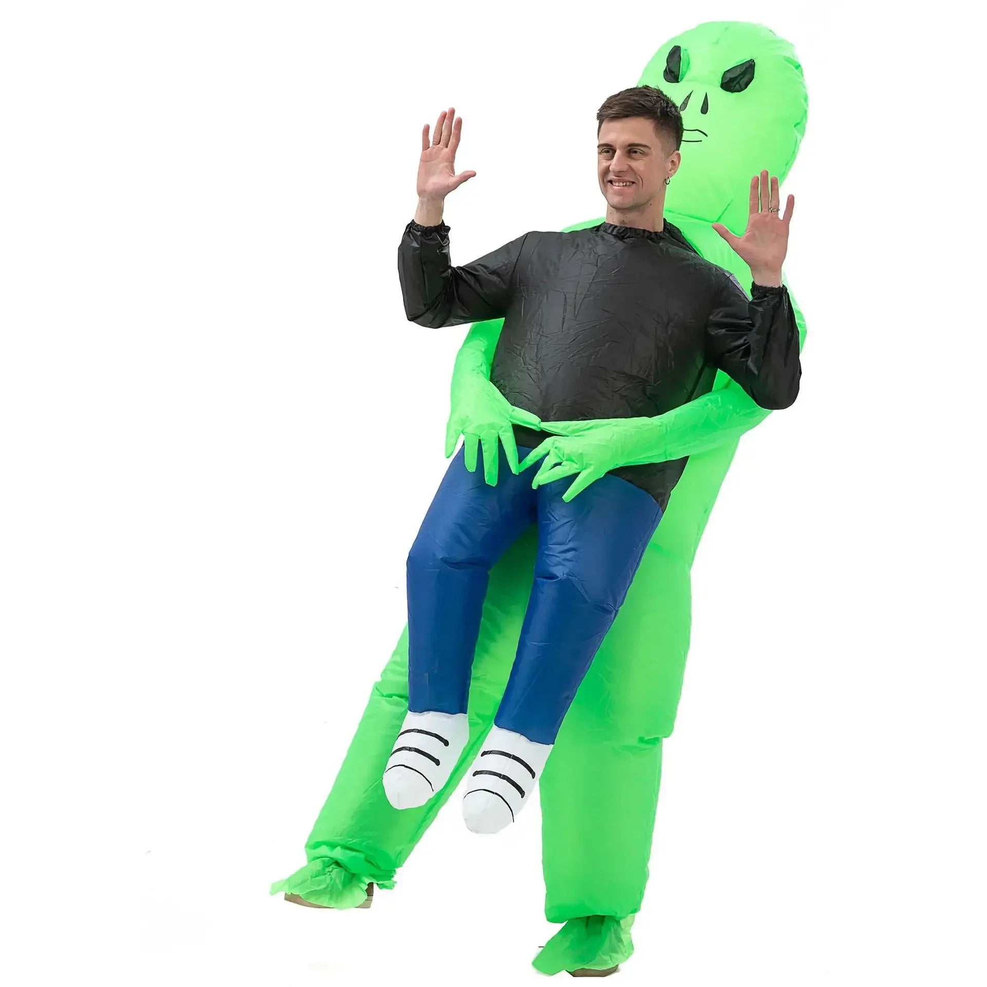 Costume gonflable extraterrestre vert, porté en extérieur