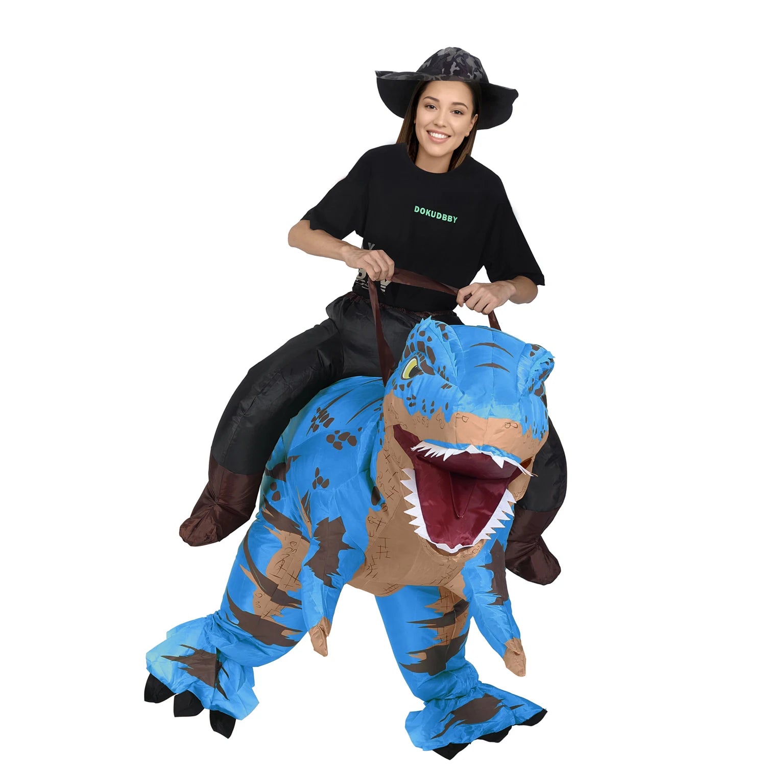 Costume gonflable T-Rex cavalier rouge soirée