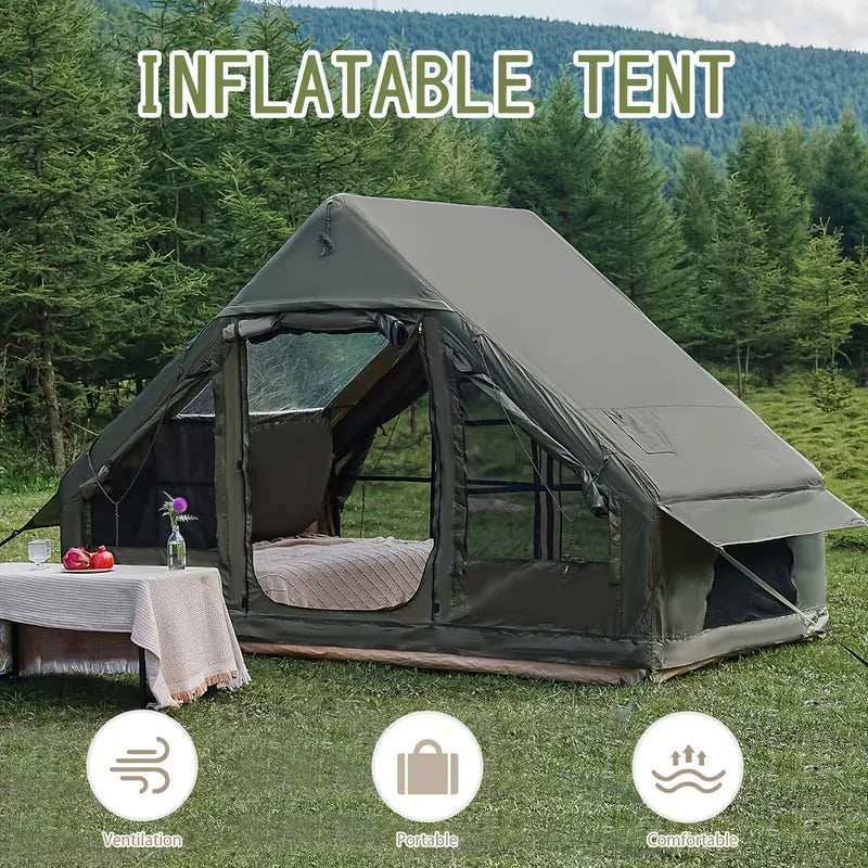 Tente gonflable cabane vert militaire vue d'ensemble