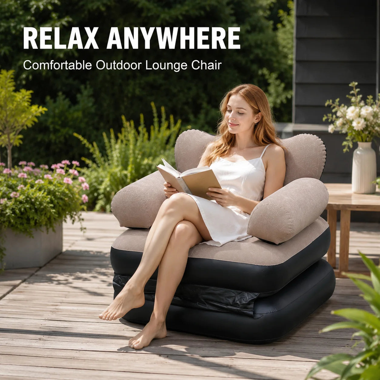 Canape gonflable fauteuil kaki installe au camping