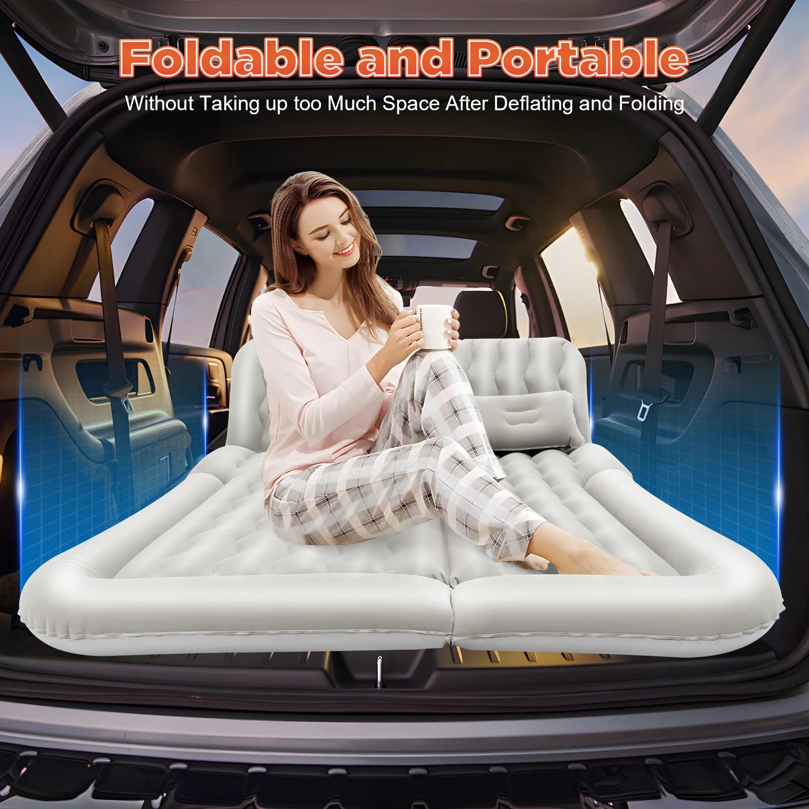 Matelas gonflable pour voiture vu de face avec pompe intégrée