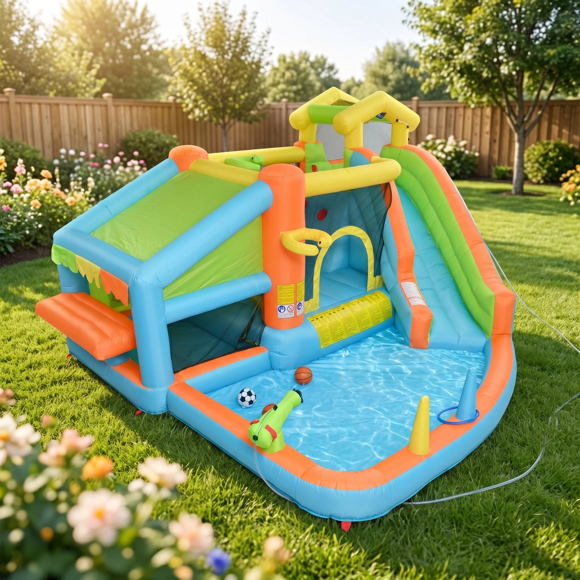 Château gonflable avec toboggan piscine et panier basket 360 cm
