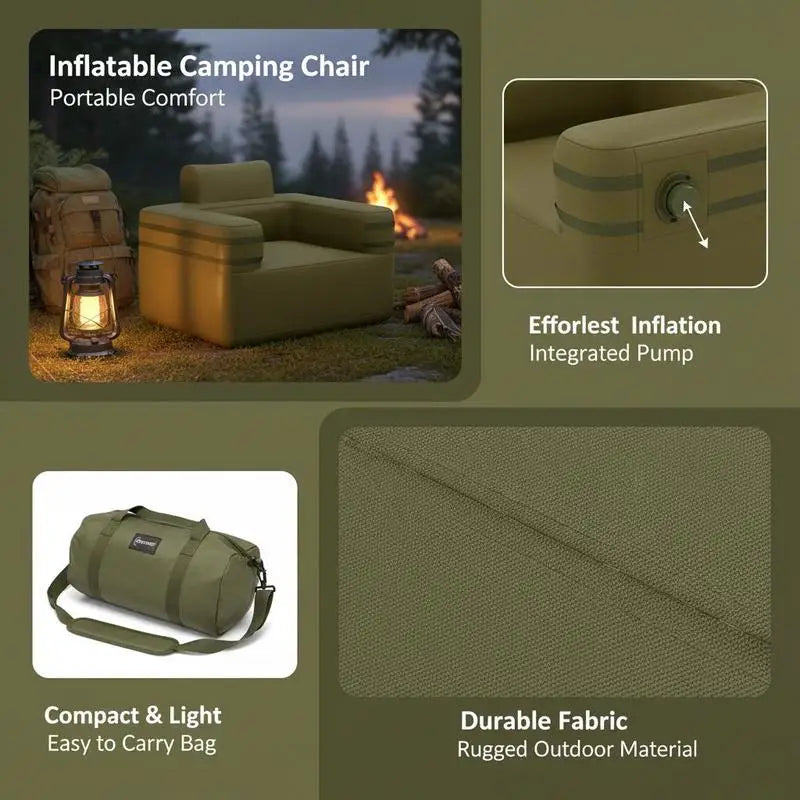 Canape gonflable vert militaire installe au camping