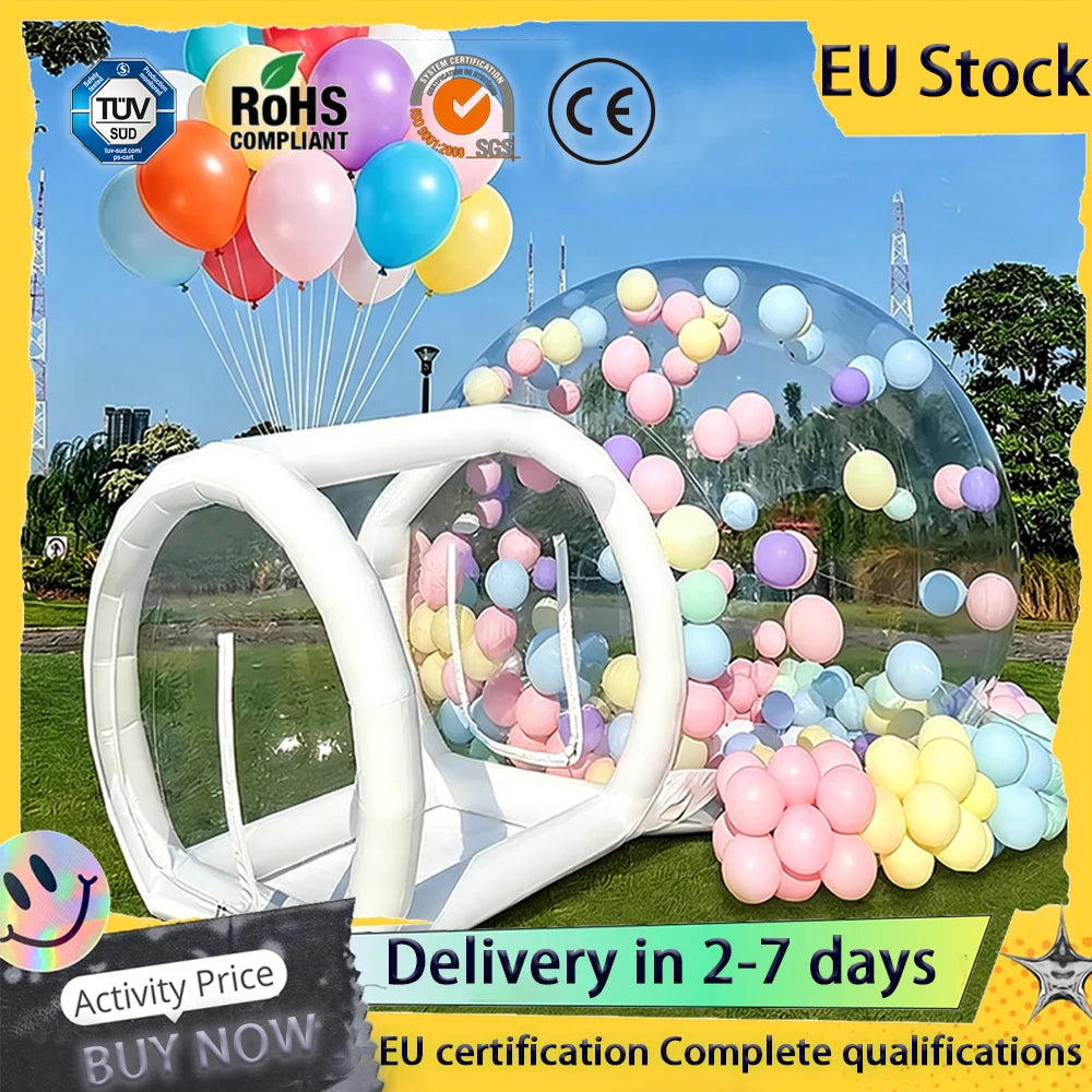 Bulle gonflable transparente avec tunnel installée en extérieur