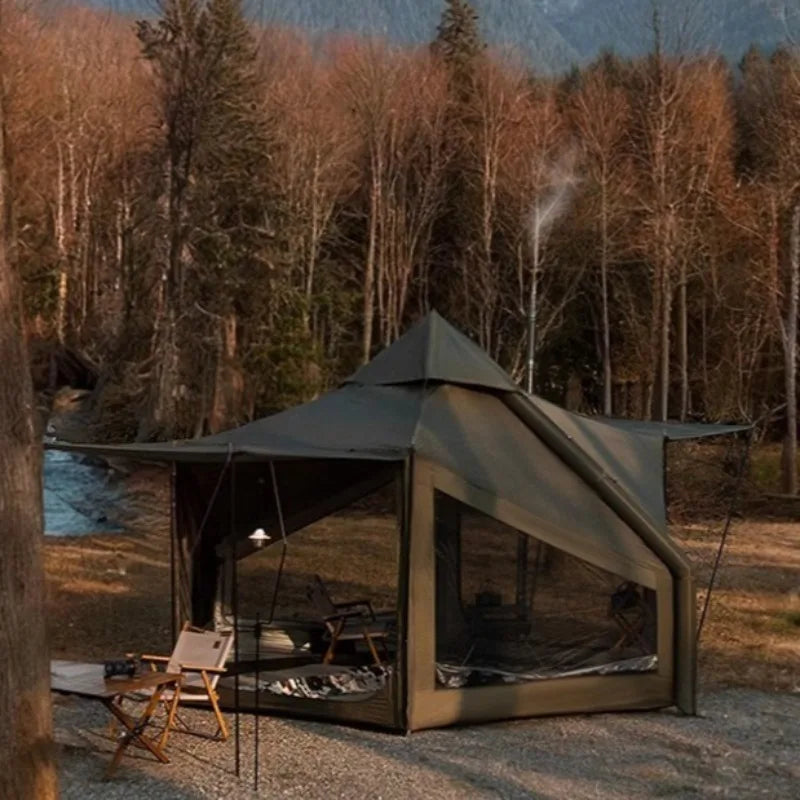 Tente gonflable familiale camping installée en pleine nature