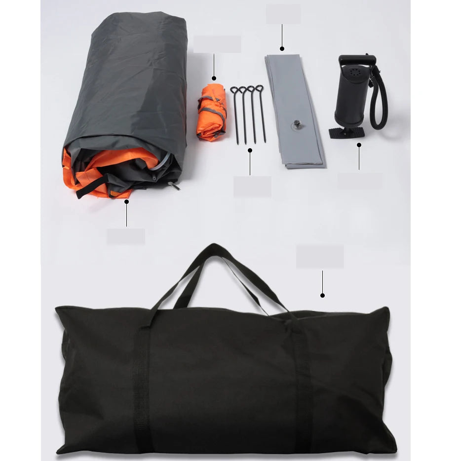 Tente gonflable orange installée en camping
