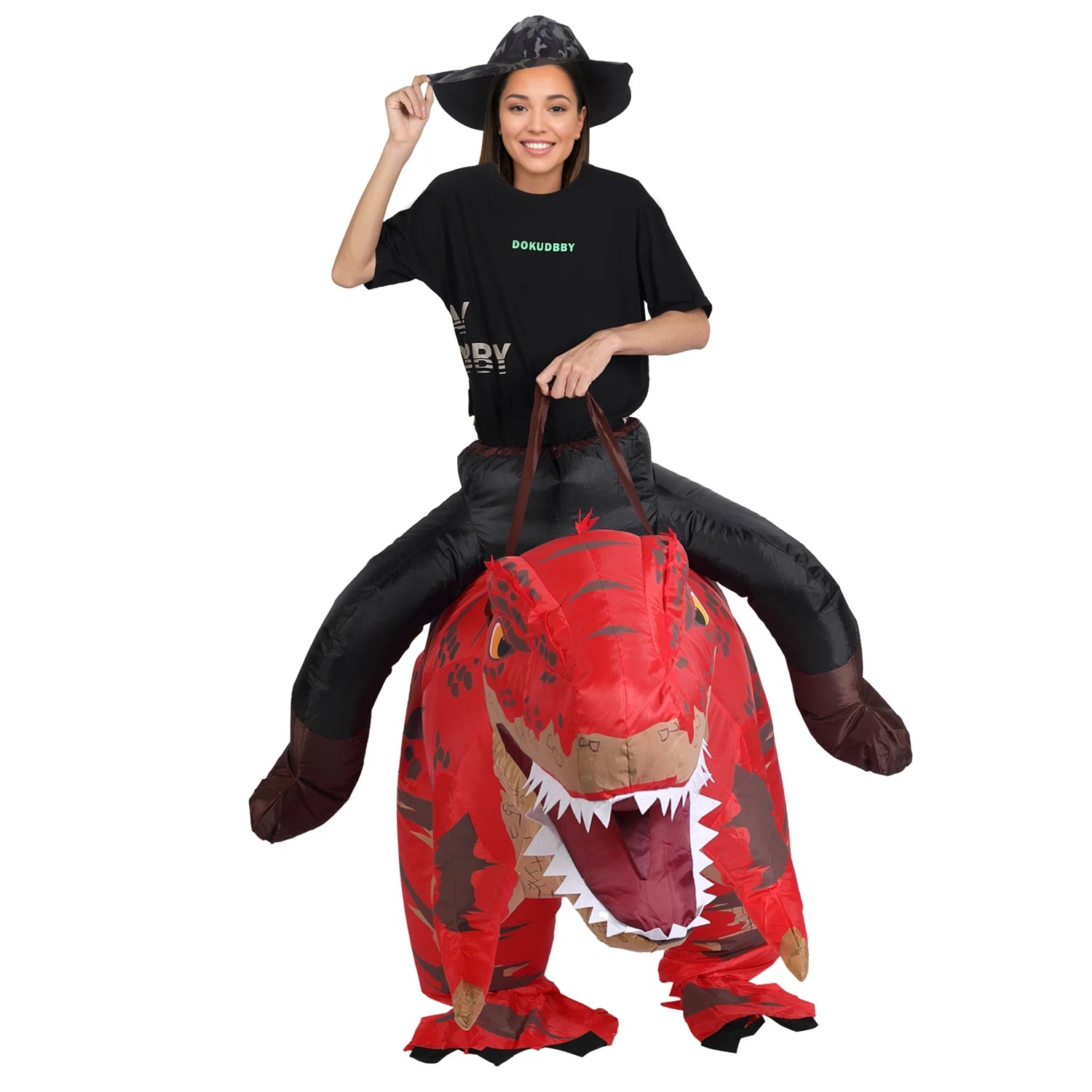 Costume gonflable T-Rex cavalier vert carnaval