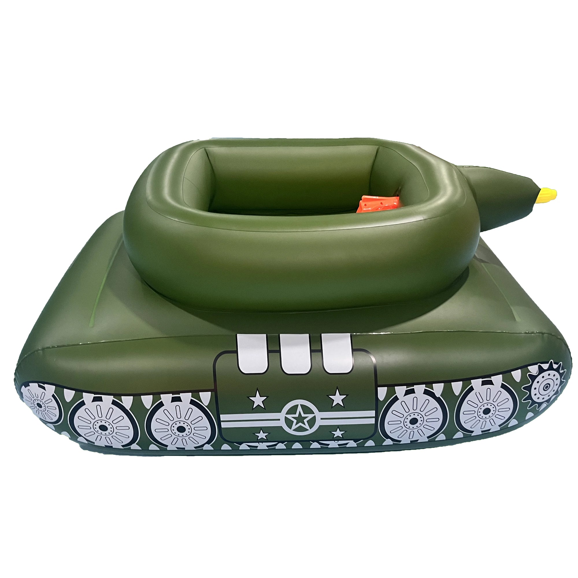 Bouée gonflable fauteuil vert armée posée au bord de la piscine