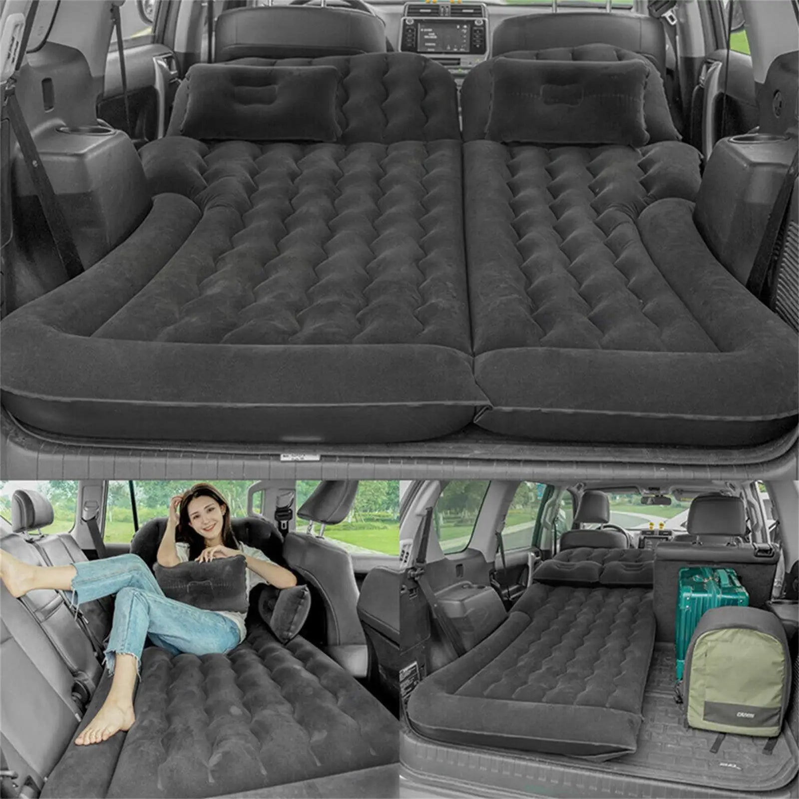 Matelas gonflable noir installé sur la banquette arrière d'un SUV