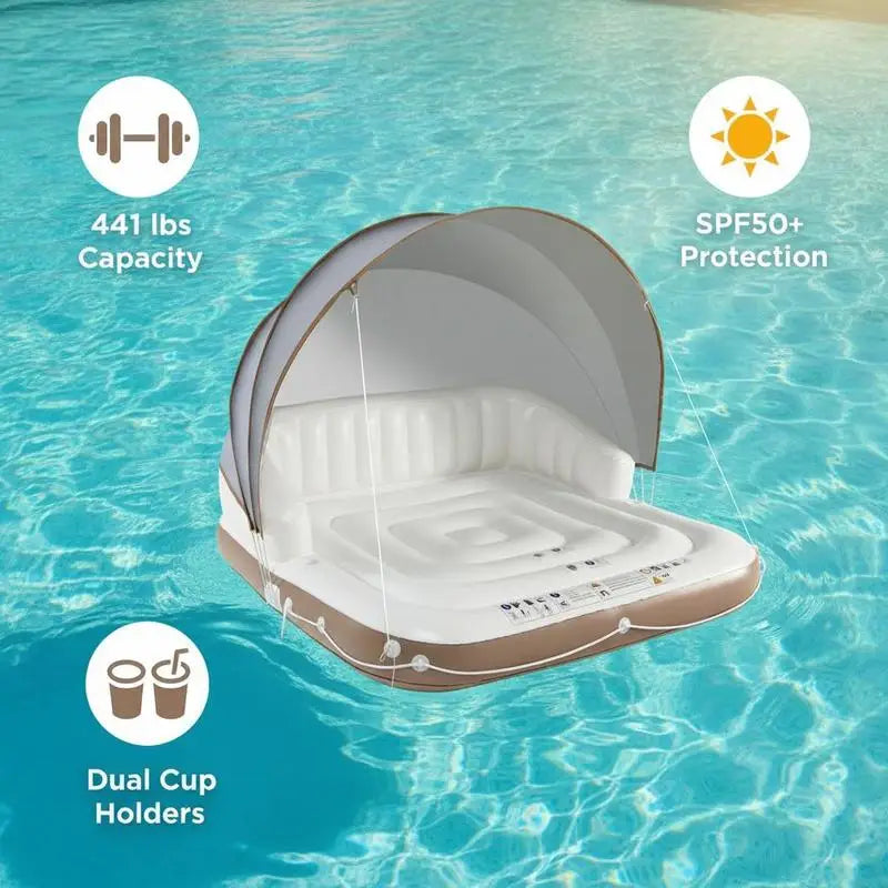 Plateforme flottante gonflable avec auvent solaire installée en piscine